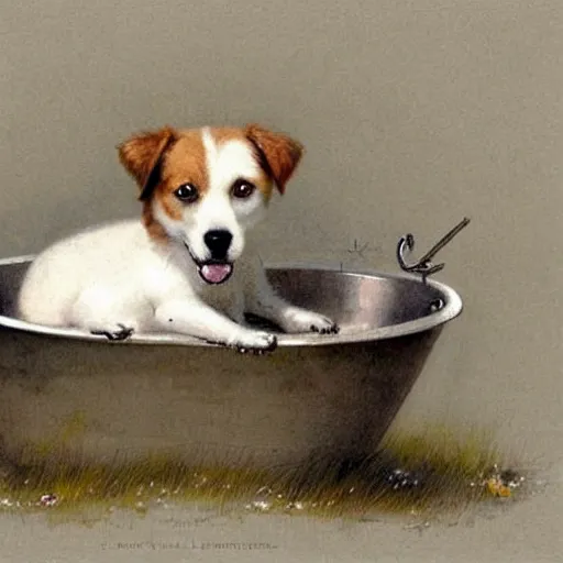 Prompt: ( ( ( ( ( cute dog inside a bathtub. muted colors. ) ) ) ) ) by jean - baptiste monge!!!!!!!!!!!!!!!!!!!!!!!!!!!