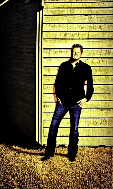 Image similar to portrait of blake shelton standing against barn wall by shepard fairey