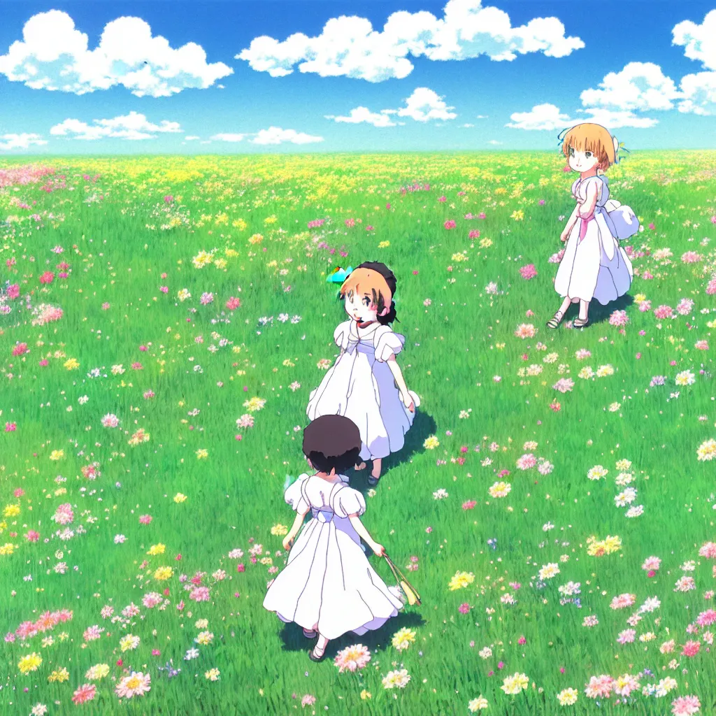 Image similar to little girl in princess dress, walking through a field of flowers, puffy clouds, beautiful, summer, calm, studio ghibli, art by hayao miyazaki, makoto shinkai