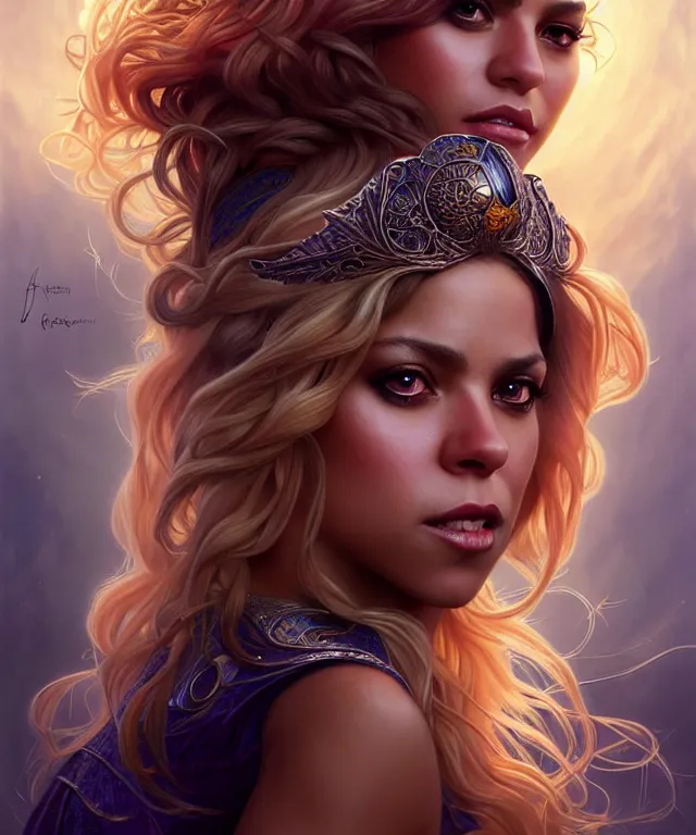 Image similar to Shakira as a fantasy magic woman portrait, sci-fi, amber eyes, face, long hair, fantasy, intricate, elegant, highly detailed, digital painting, artstation, concept art, smooth, sharp focus, illustration, art by artgerm and greg rutkowski and alphonse mucha