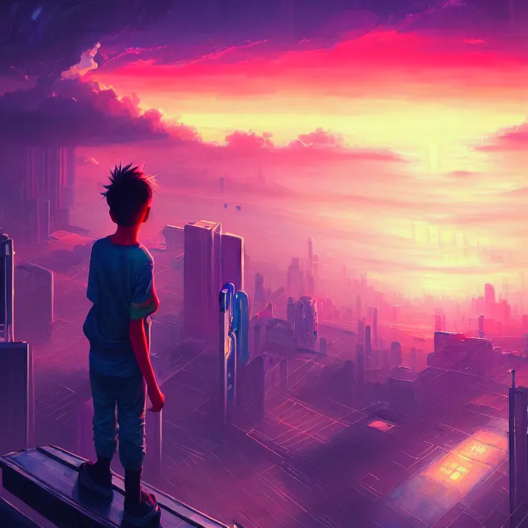 Image similar to a painting of a boy on top of a building watching a colorful sunrise futuristic city surrounded by clouds, cyberpunk art by yoshitaka amano and alena aenami, cg society contest winner, retrofuturism, matte painting, apocalypse landscape, cityscape