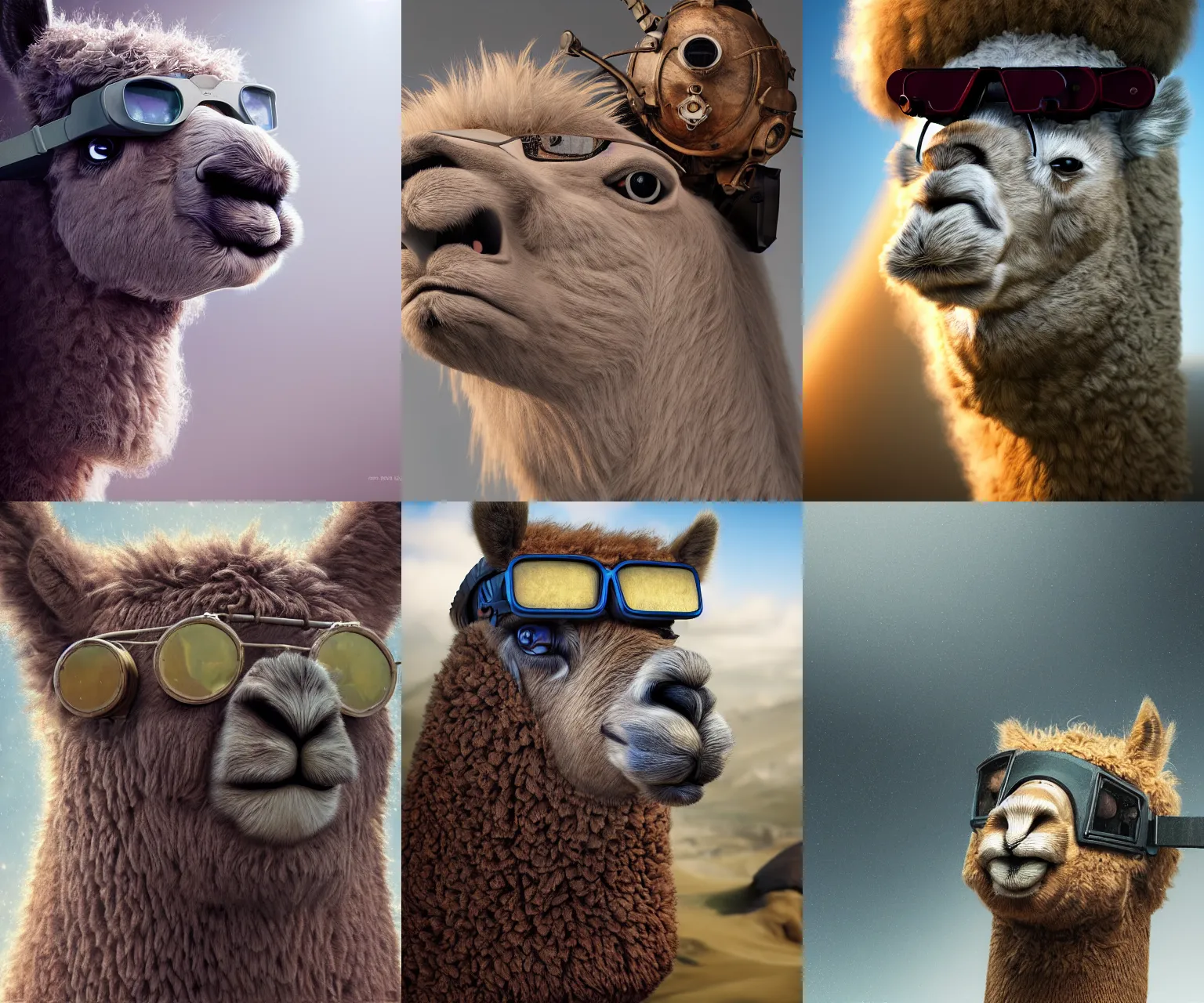 Prompt: incredibly realistic, too detailed face of alpaca with welding goggles, octane render, bump mapping, macro image, global illumination, 8 k, bokeh, enki bilal, yuji himukai, jen zee, mohrbacher