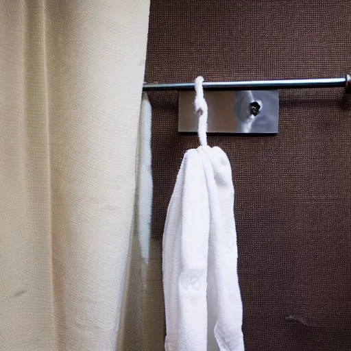 Image similar to a doll hanging, tied to a towel rack in the bathroom with a fabric belt