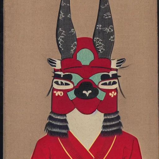 Prompt: japanese color woodblock print of a llama wearing a noh mask.