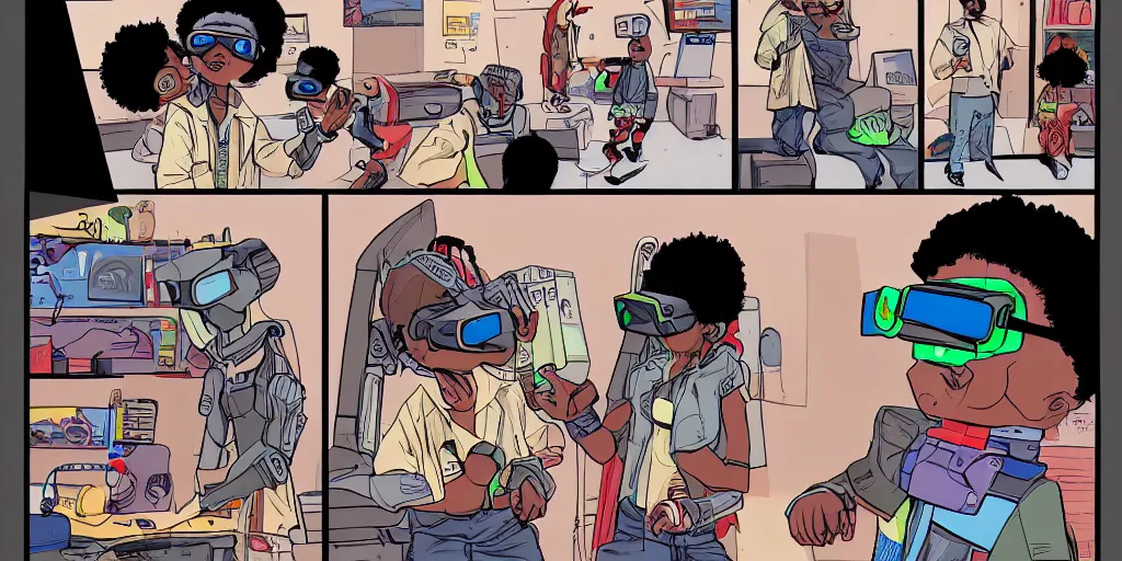 Prompt: a comic book page of a black boy kid using a diy vr glasses arduino, a black girl kid scientist is constructing a elephant robot, futuristic, cyberpunk, xenomorphic, arduino, biomechanical, photorealistic, ultra detailed, 4 k, chromatic aberration, dof