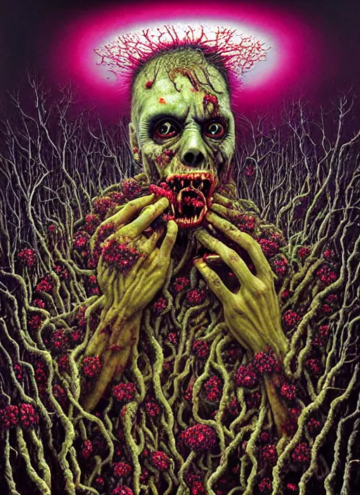 Prompt: hyper detailed 3d render like an Oil painting - Zombie (Dawn of the dead - George A Romero) seen Eating of the Strangling network of yellowcake aerochrome and milky Fruit and Her delicate Hands hold of gossamer polyp blossoms bring iridescent fungal flowers whose spores black the foolish stars by Jacek Yerka, Mariusz Lewandowski, Houdini algorithmic generative render, Abstract brush strokes, Masterpiece, Edward Hopper and James Gilleard, Zdzislaw Beksinski, Mark Ryden, Wolfgang Lettl, hints of Yayoi Kasuma, octane render, 8k