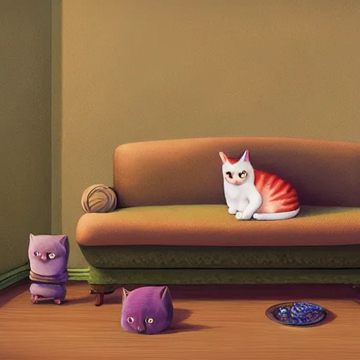 Prompt: cat sitting on sofa, children book illustration by gediminas pranckevicius