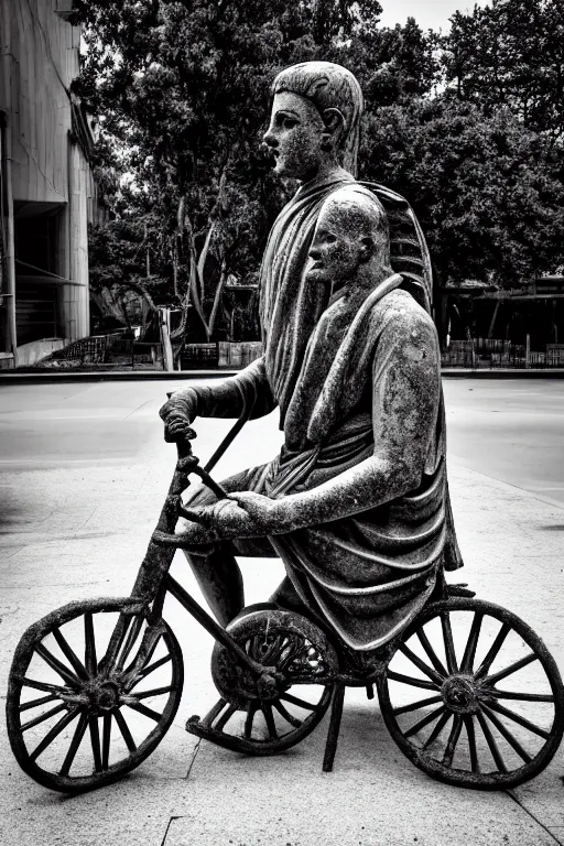 Prompt: photo of the ancient statue of biker on the tricycle, symmetrical, cinematic, real dlsr photography, sharp focus, 4 k, ultra hd, sense of awe, archeology journal cover