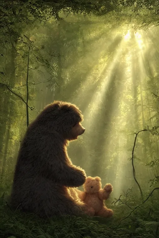 Image similar to mean fluffy teddybear protecting girl in a forest with rays of light coming through the canopy, masterpiece, dystopian, sci-fi, extremely detailed, digital painting, sculpted in zbrush, artstation, concept art, smooth, sharp focus, illustration, chiaroscuro lighting, golden ratio, incredible art, artgerm, greg rutkowski, alphonse mucha, simon stalenhag, carravaggio