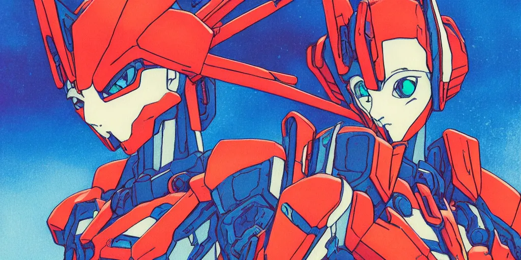 Image similar to risograph grainy painting of gigantic huge evangelion - like gundam mech face, with huge earrings and rings around head with a lot of details, covered with rich jewelry, blue hour, twilight, by moebius and dirk dzimirsky and satisho kon, close - up wide portrait