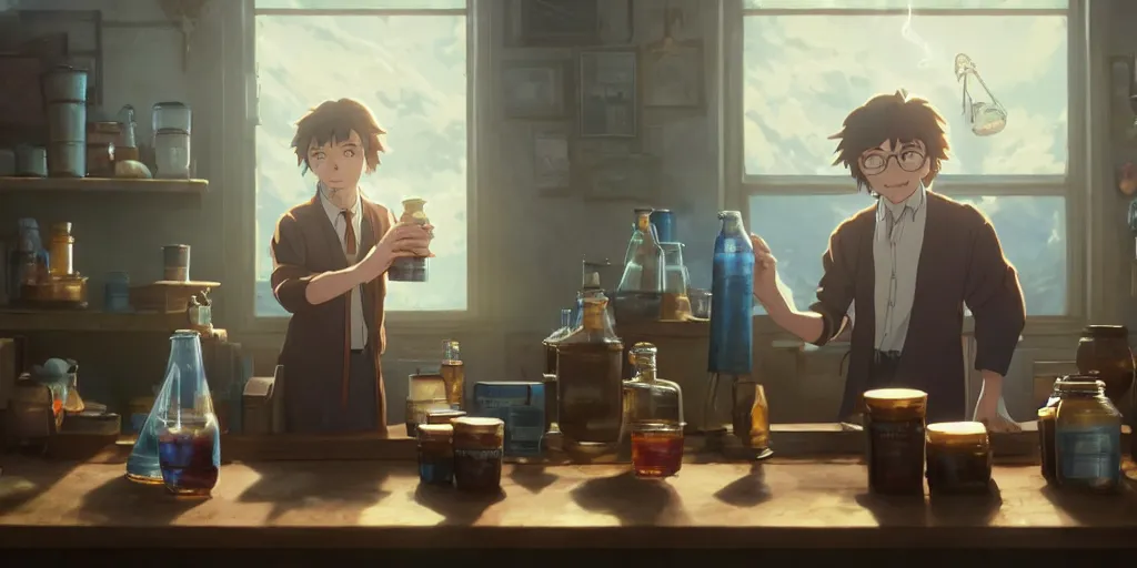 Prompt: a wizard with brown hair is standing at his desk working with jars of liquids, beakers of bubbling potions, coherent, medium shot, waist up, studio ghibli, pixar and disney animation, sharp, rendered in unreal engine 5, anime key art by greg rutkowski, bloom, dramatic lighting