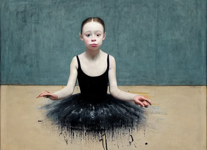 Prompt: portrait of nervous young girl ballerina sitting on the floor focusing in a dance hall by vincent lafevre and francis bacon and pat steir and hilma af klint, psychological, symmetrical face, dripping paint, washy brush, matte painting, rendered in octane, altermodern, masterpiece