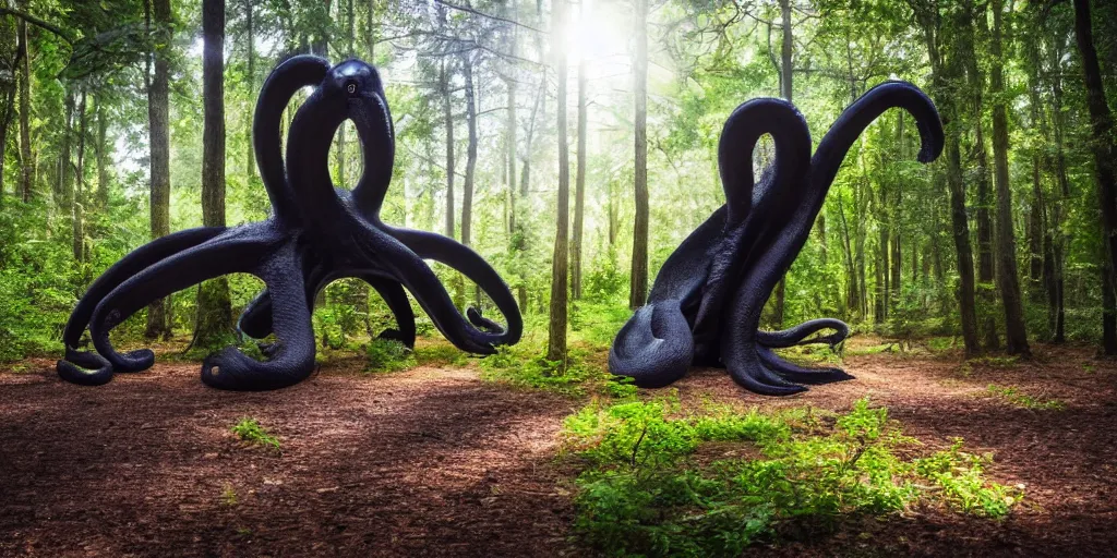 Prompt: a giant black octopus in the middle of a forest, winding around trees, beautiful ambient light, sun rays hitting the slightly transparent creature, 8k photography