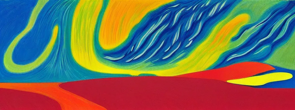 Image similar to Psychedelic sci-fi dreamworld. Landscape painting. Organic. Winding rushing water. Waves. Clouds. Landscape by Alex Katz. Wayne Thiebaud. Matisse.