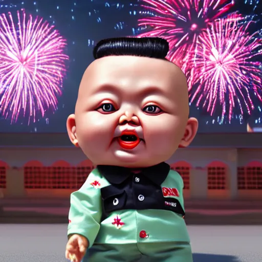 Image similar to kim jong un doll watching screaming chucky doll fireworks octane render