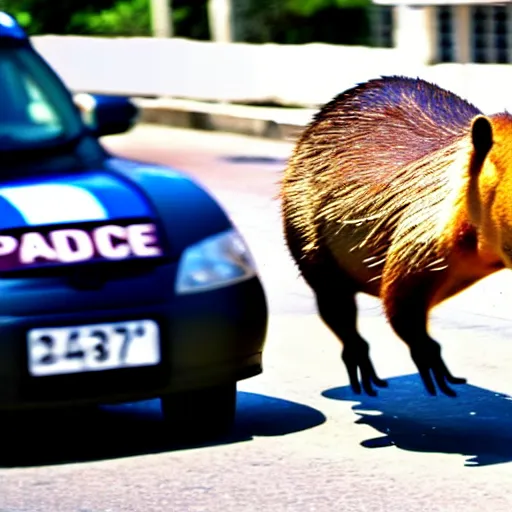 Image similar to capybara on skateboard being chased by police cars , 4k , HD , cops are looking for capybara