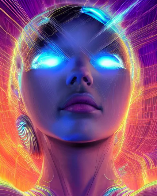 Image similar to a powerful energy psychedelic matrix goddess, by alexander fedosav, hyper detailed digital matte painting, concept art, hyperrealism, 1 6 k resolution, cinema 4 d, 8 k resolution, trending on artstation, behance hd, a masterpiece, by stephan martiniere, particles, cel - shaded, power bright neon energy, by david a. hardy,