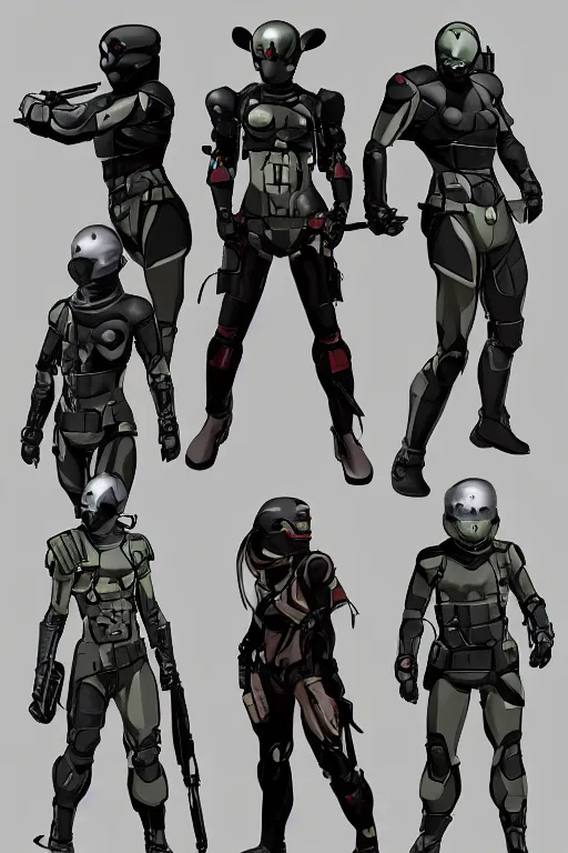 Prompt: robot ninja mask helmet metalgear solidsnake pose training suit swat heros chaykin howard and campion pascale and cooke darwyn and davis jack illustration character design concept the phantom pain cosplay sniper wolf