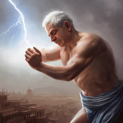 Image similar to benjamin netanyahu as a greek god of lightning, shooting lightning bolts from hands, highly detailed, ultra clear, by artgerm and greg rutkowski