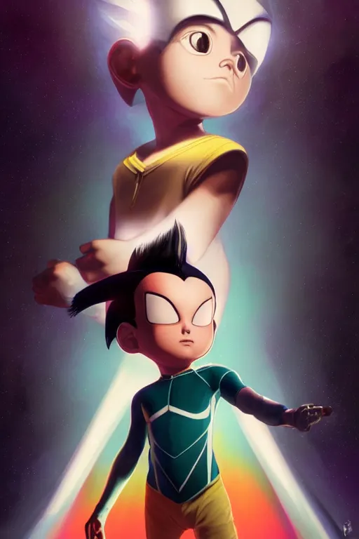 Image similar to portrait of Astroboy, centered full body pose, zenith angle, shadowy area, dramatic lighting, concept art, digital painting, Unreal Engine 5, 8K, art by artgerm and Greg Rutkowski and Alphonse Mucha