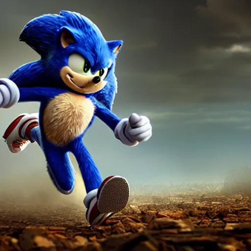 Image similar to hyperrealistic sonic the hedgehog running, stunning 3 d render inspired by istvan sandorfi & greg rutkowski & mike judge, perfect symmetry, dim volumetric cinematic lighting, 8 k octane comprehensive render, extremely mega hyper - detailed and lifelike attributes & atmosphere, intricate, realistic flesh texture, masterpiece, artstation, stunning,