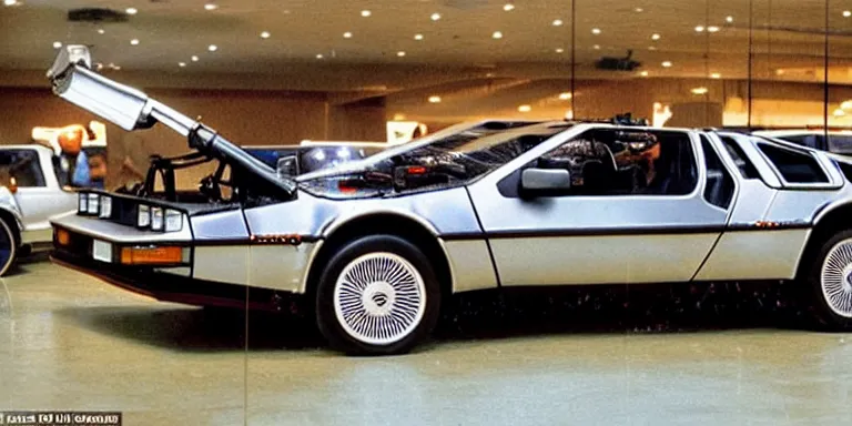 Image similar to Photoreal Cinematography of a photorealistic Delorean Time Machine From Back To The Future Parked in Twin Pines Mall in 1985 with one door open