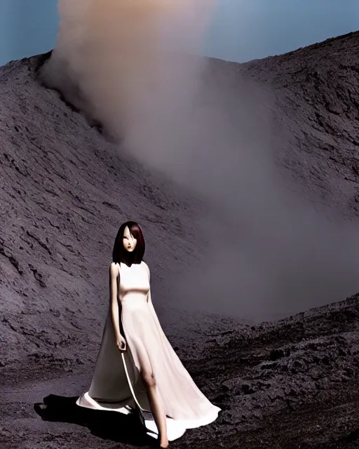 Prompt: high fashion photography of an elegant chic young woman with model looks like Chie Yamano and long straight hair, she is wearing a minimalist simple dress, intense expression, at the edge of an active volcano caldera spewing magma, by Steven Meisel and Chris Cunningham