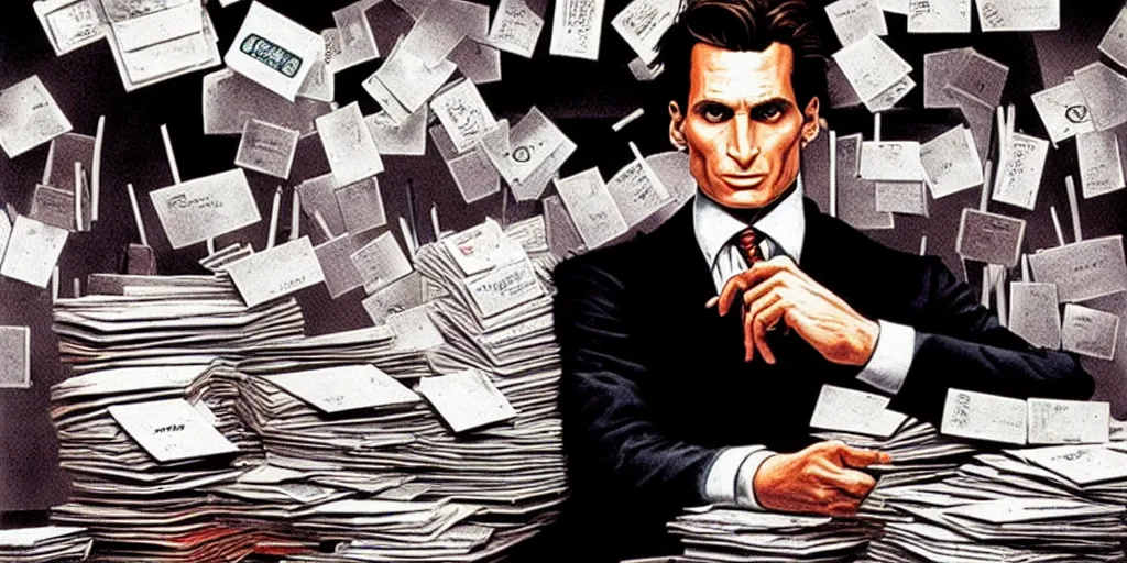 Image similar to patrick bateman, detailed fantasy art, sitting with stacks of business cards, american psycho