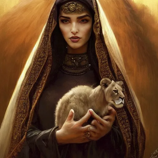 Prompt: a Photorealistic dramatic hyperrealistic render of an arab, queen Esther, ameera al taweel, green eyes, middle Eastern skin, eyes, black hair, white veil, with a pet lion by WLOP,Artgerm,Greg Rutkowski,Alphonse Mucha, Beautiful dynamic dramatic dark moody lighting,shadows,cinematic atmosphere,Artstation,concept design art,Octane render,8K