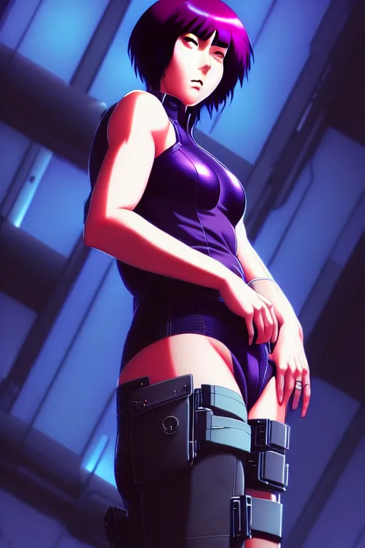 Image similar to a fullbody portrait of motoko kusanagi the major ghost in the shell : : stand alone complex, under repairs, maintenance : : by ilya kuvshinov, rossdraws, artgerm, sola digital arts, anti aliasing, raytracing : :