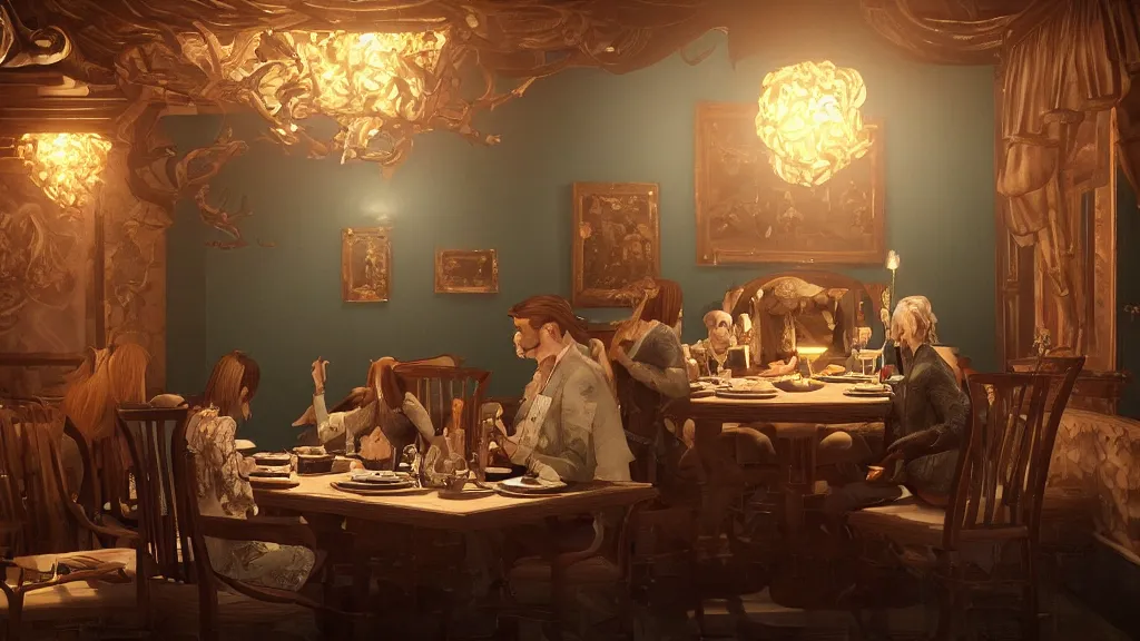 Prompt: a beautiful painting of cthulu dining at a fancy restaurant sitting across the table from a woman | unreal engine :. 4 | global illumination, radiant soft light, detailed, intricate :. 6