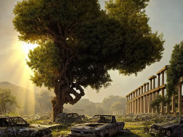 Image similar to tree growing in ancient greek ruins, gray wasteland, many scrap cars, plastic waste, rubble, pillars, flowers, vines, hyperrealistic, highly detailed, cinematic, single ray of golden sunlight, beautiful, cgssociety, artstation, 8 k, oil painting by greg rutkowski, by artgerm, by wlop