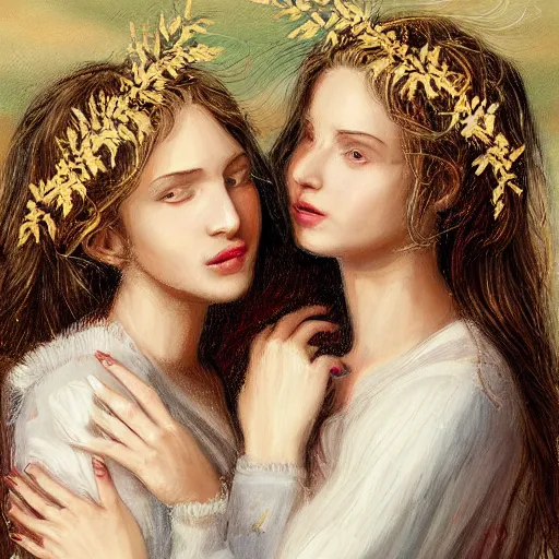 Image similar to a painting two young women in their twenties hugging, they are both beautiful with long blond hair, one of the girls has a halo above her head and angel wings, highly detailed, digital art