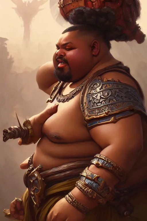 Image similar to photography of overweight warrior, deep focus, d & d, fantasy, intricate, elegant, highly detailed, digital painting, artstation, concept art, matte, sharp focus, illustration, hearthstone, art by artgerm and greg rutkowski and alphonse mucha