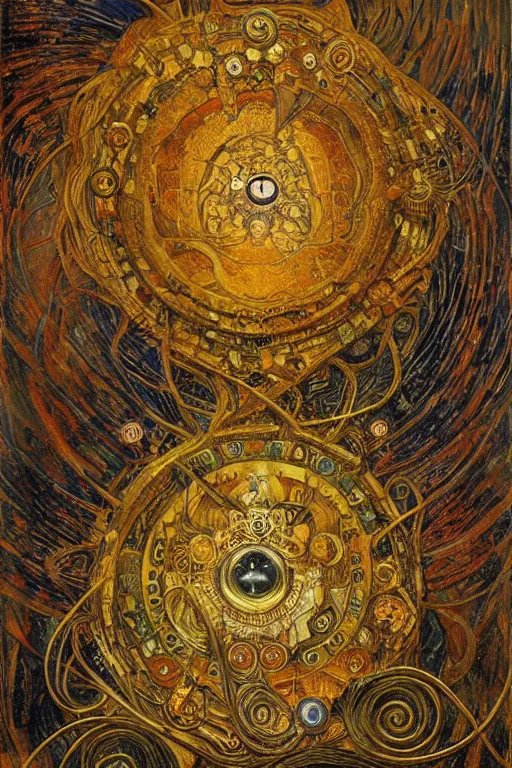 Image similar to The Helliquary by Karol Bak, Jean Deville, Gustav Klimt, and Vincent Van Gogh, lockbox, otherworldly, fractal structures, arcane, inferno, inscribed runes, reliquary, infernal relics, ornate gilded medieval icon, third eye, spirals