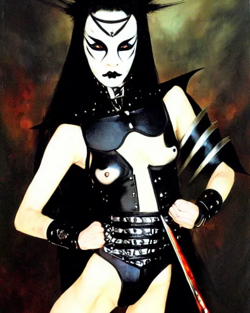 Image similar to portrait of a skinny punk goth kabuki wearing armor by simon bisley, john blance, frank frazetta, fantasy, thief warrior
