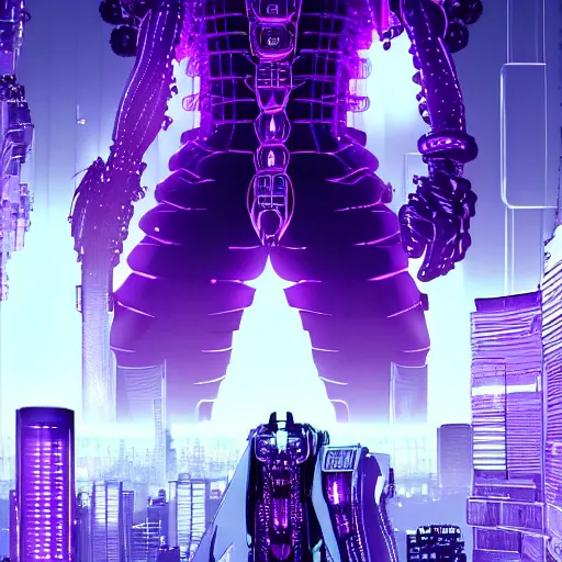 Image similar to Giant Purple Amethyst in cyberpunk neon Tokyo in style of Tsutomu Nihei. Cyberpunk, vertical symmetry, 8K, Highly Detailed, Intricate.