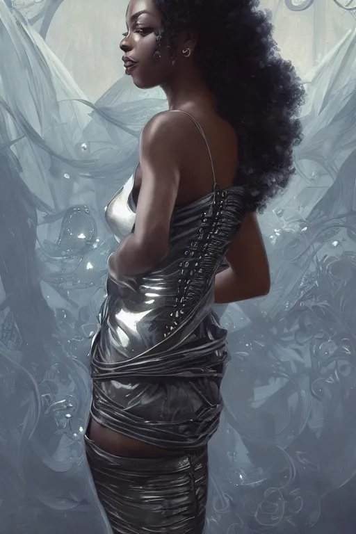 Image similar to cute black woman wearing a silver chrome corset dress, fantasy, intricate, highly detailed, digital painting, artstation, concept art, wallpaper, smooth, sharp focus, illustration, swirling energy, art by artgerm and greg rutkowski and alphonse mucha