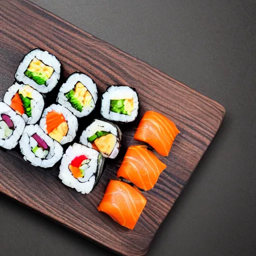 Image similar to sushi laid out on a slab of stone that is laying on a wooden table, high detail, 4k, complex