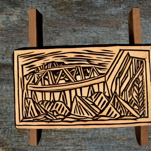 Image similar to trenton makes world takes bridge, wood cut style,