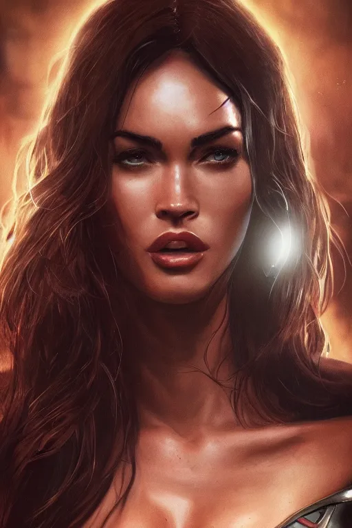 Image similar to a fancy close up of Megan Fox as Man of Steel by Greg Rutkowski, Sung Choi, Mitchell Mohrhauser, Maciej Kuciara, Johnson Ting, Maxim Verehin, Peter Konig, 8k photorealistic, cinematic lighting, HD, high details, dramatic, trending on artstation, full body shot