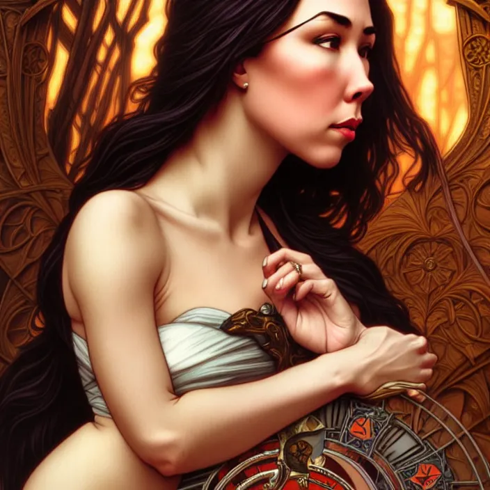 Image similar to jodi arias, goddess of vengeance, tarot card, highly detailed, digital painting, smooth, sharp focus, illustration, ultra realistic, 8 k, art by artgerm and alphonse mucha