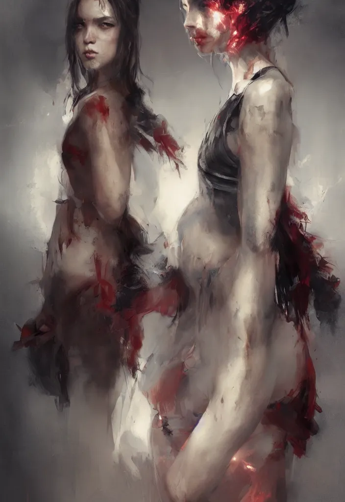 Image similar to full body portrait of a duo of 2 1 years old girl figures, messy hair, oriental tattoos, bespoke tailoring, beautiful, dramatic, cinematic lighting, few fire red highlights, by jeremy mann and greg rutkowski, oil on canvas, artstation, pixiv