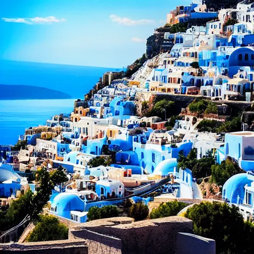 Prompt: Bright blue sunshine, Greek hillside town, futuristic architecture, utopian town, neoclassical Greek architecture, 2100 AD photography