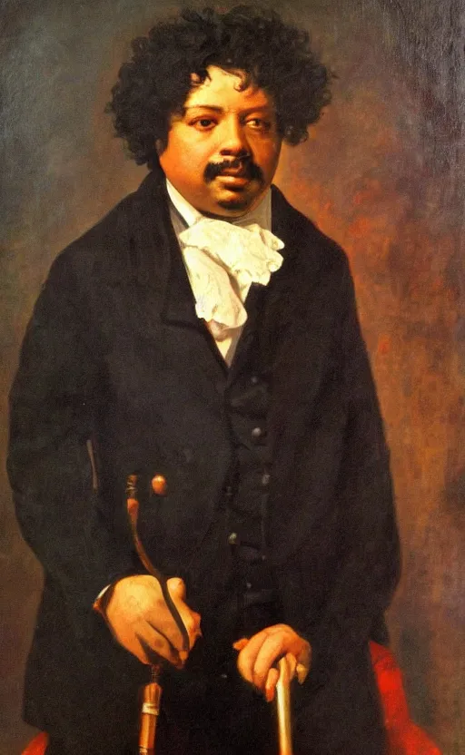 Image similar to Portrait of Alexandre Dumas, oil on canvas, highly detailed, by Delacroix, 8k