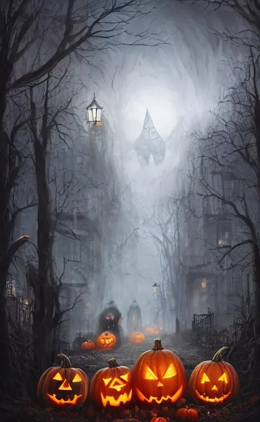 Image similar to a creepy and eery Halloween setting, with Jack o lanterns on the street and shadow figures lurking about, dynamic lighting, photorealistic fantasy concept art, stunning visuals, creative, cinematic, ultra detailed, trending on art station, spooky vibe