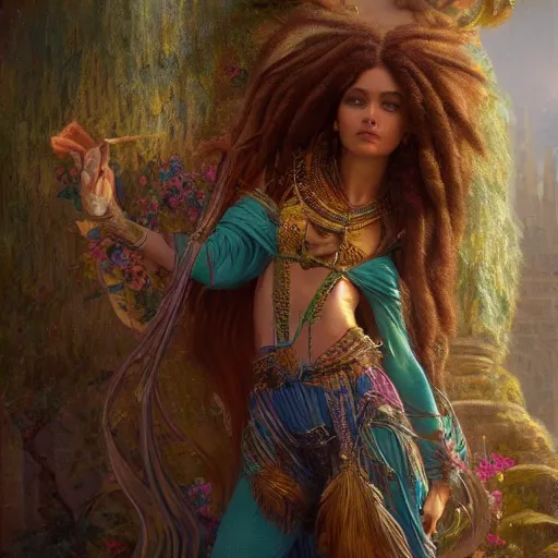 Image similar to octane render, artstation, 8 k, intricate detail, hyper detail, portrait by gaston bussiere, greg rutkowski, sandro botticelli, tan lady of elche egyptian sumerian techno mystic goddess princess intergalactica inanna with aqua neon rapunzel dreadlocks,