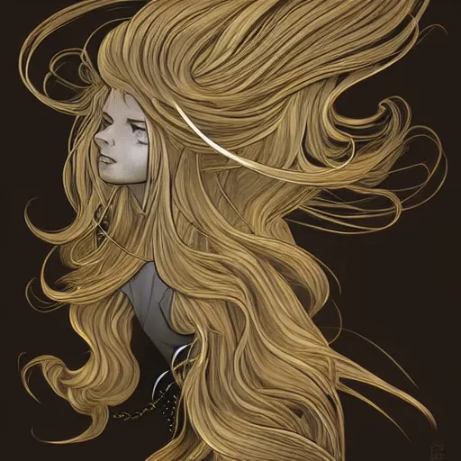 Image similar to gold and silver tones, mech princess, style of moebius, james jean, mcbess, long glowing ethereal hair, cinematic, highly detailed, award winning