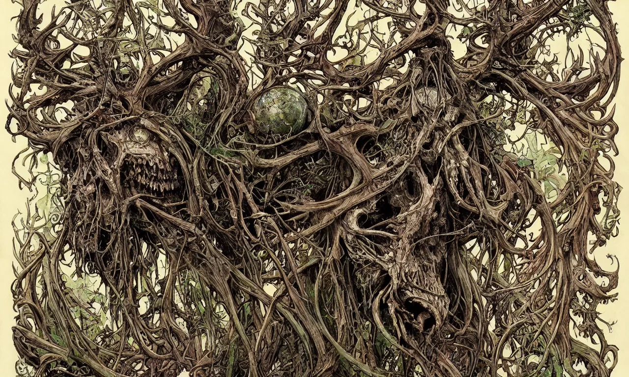 Image similar to hyperdetailed art nouveau portrait of treebeard as a cthulhu eyeball moose skull wendigo cryptid monster, by geof darrow, simon bisley and bill sienkiewicz, grim yet sparkling atmosphere, photorealism, claws, skeleton, antlers, fangs, forest, wild, bizarre, scary, lynn varley, lovern kindzierski, steve oliff