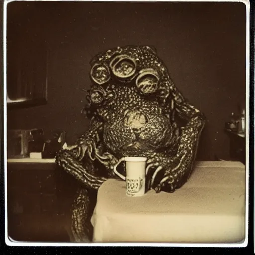 Image similar to a very beautiful old damaged Polaroid picture of lovecraftian monster inside a coffee shop, award winning photography